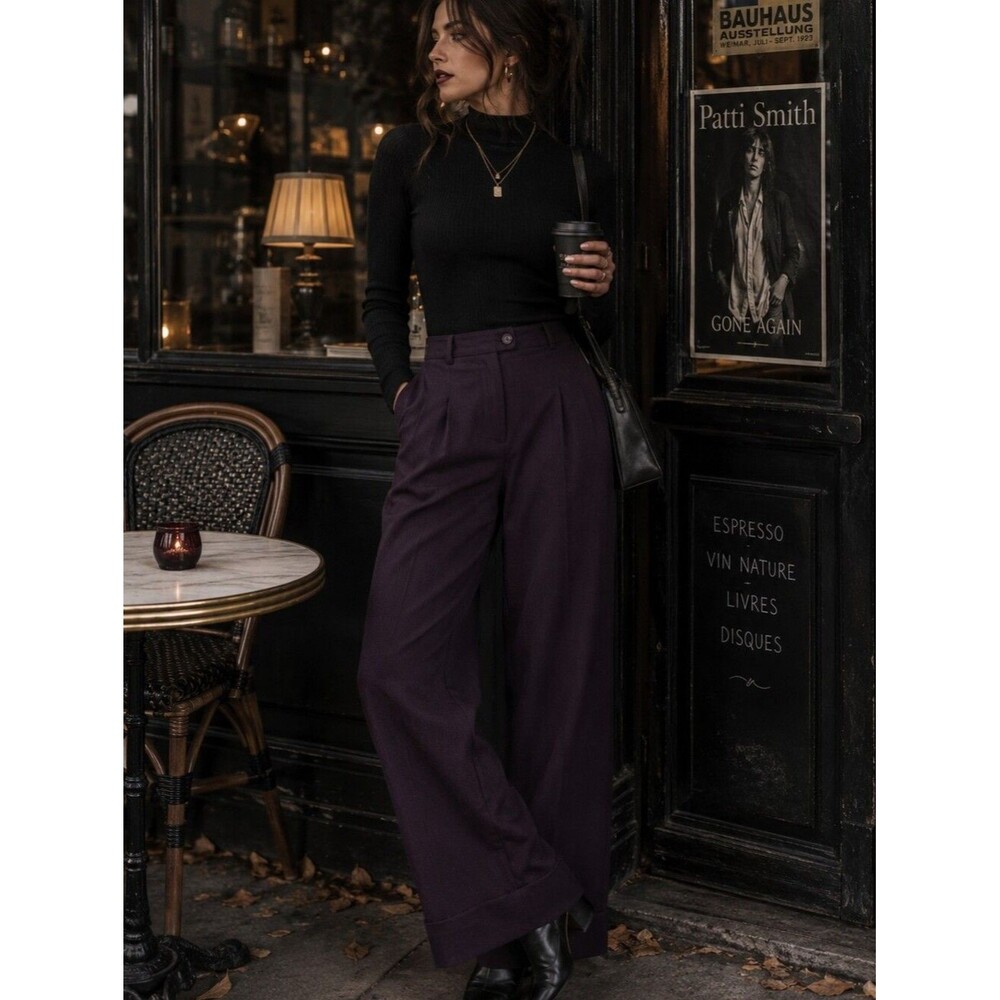 Low & Loose Trousers 11 Grape Purple Cuffed Pants Belt Loops Light Pinstripes